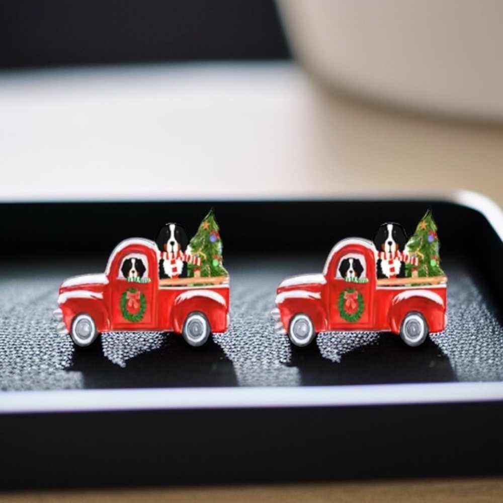Jolly Pickup Truck Stud Earrings: Christmas Cheer with a St. Bernard Twist!🎄NWT